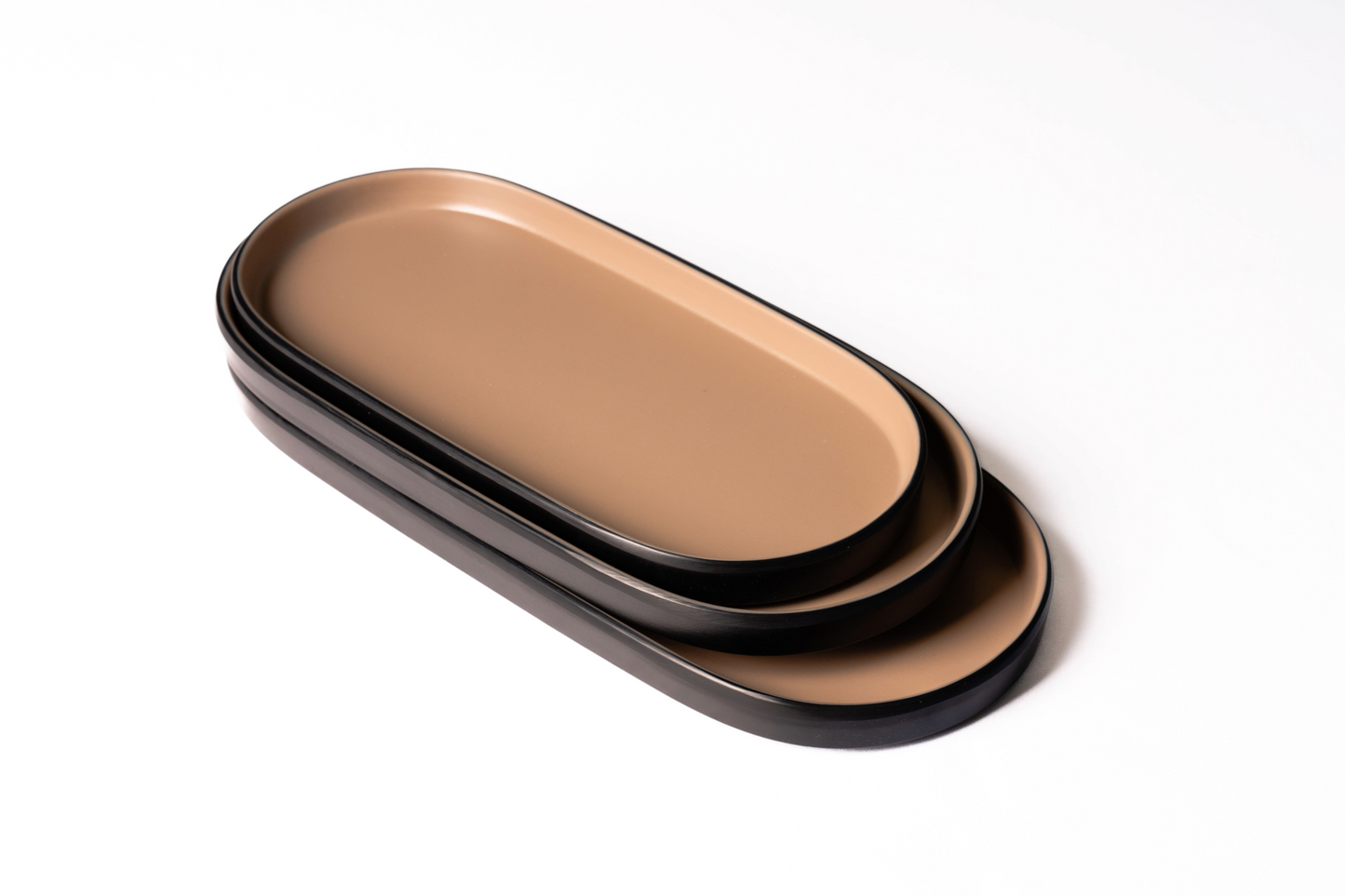 Matte Beige & Black Melamine Oval Plate Set